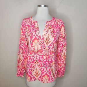 Ann Taylor LOFT Floral Blouse Top Cotton Blend Smocked Cuff